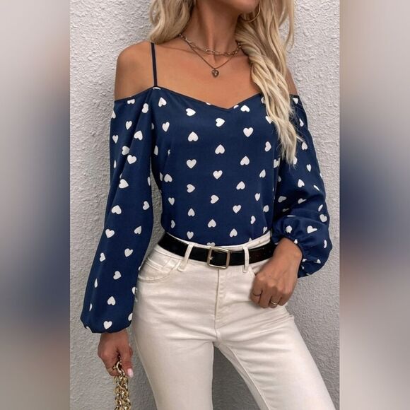 Emery Rose Blue & White Heart Cold Shoulder Blouse (M) - Picture 1 of 11